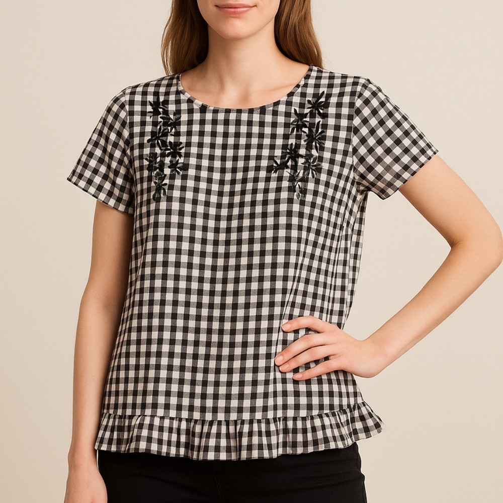 Black and White Gingham Ruffled Blouse with Embroidered flowers